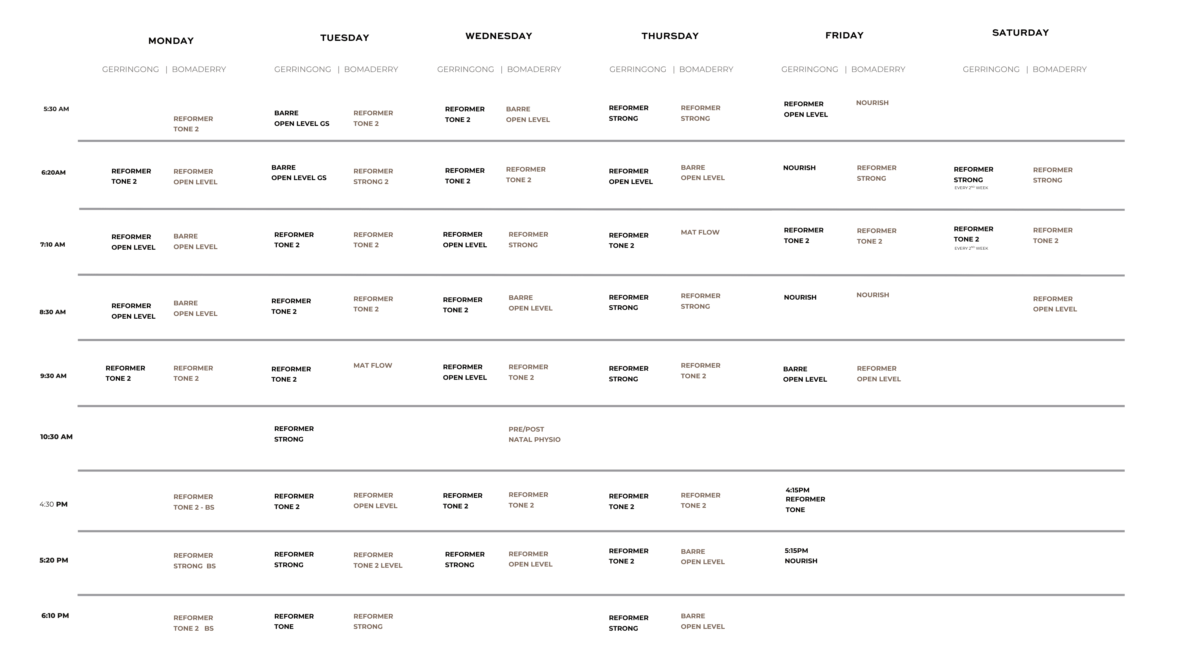 NUFORM Studio weekly class timetable for Reformer, Mat Pilates, Barre and Yoga